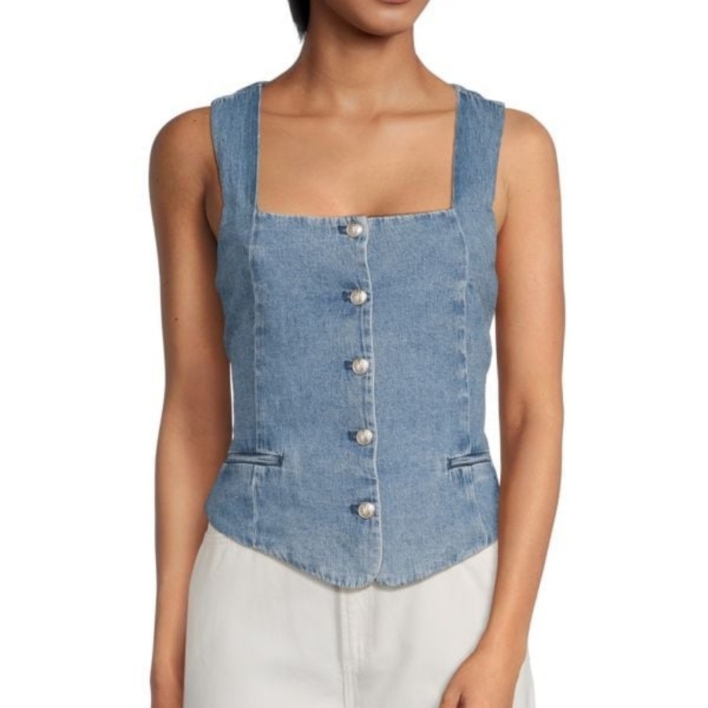 rag & bone Seraphina Denim Vest Top Button Front Lined Winwood Blue Wash L NWT - Picture 2 of 14